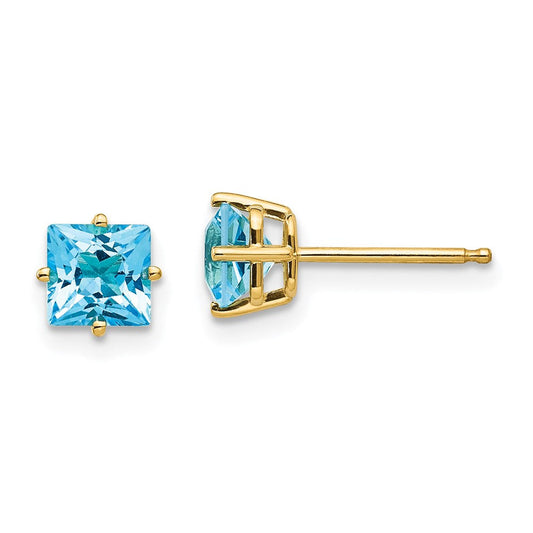 14k Yellow Gold 5mm Princess Cut Blue Topaz Earrings