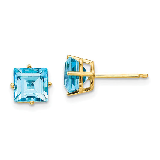 14k Yellow Gold 6mm Princess Cut Blue Topaz Earrings