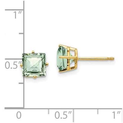 14k Yellow Gold 6mm Square Checker-Cut Green Quartz Earrings