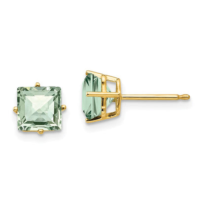 14k Yellow Gold 6mm Square Checker-Cut Green Quartz Earrings