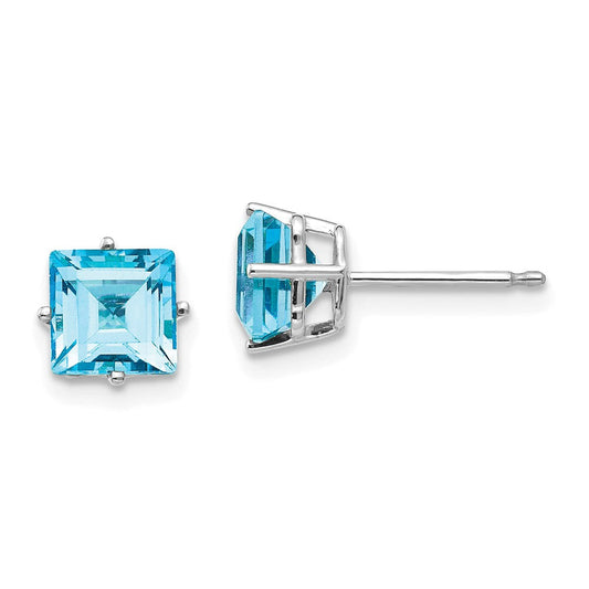 14k White Gold 6mm Princess Cut Blue Topaz Earrings