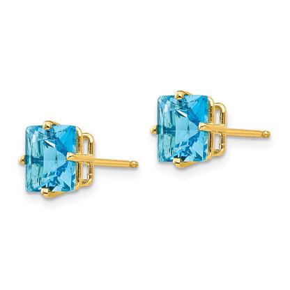 14k Yellow Gold 7mm Princess Cut Blue Topaz Earrings