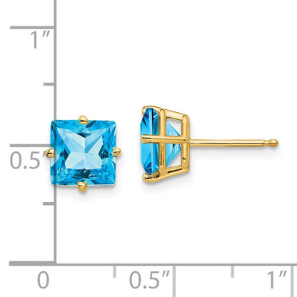 14k Yellow Gold 7mm Princess Cut Blue Topaz Earrings