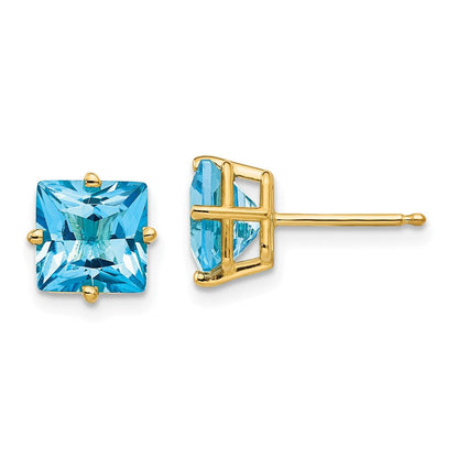 14k Yellow Gold 7mm Princess Cut Blue Topaz Earrings
