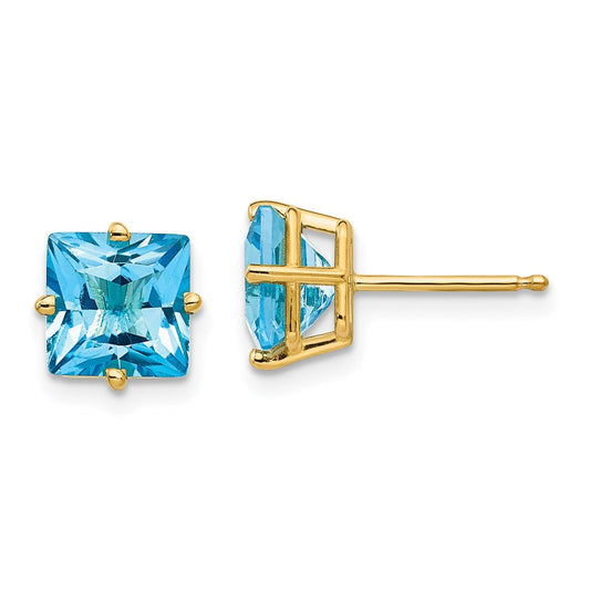 14k Yellow Gold 7mm Princess Cut Blue Topaz Earrings