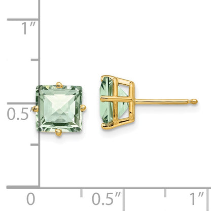 14k Yellow Gold 7mm Square Checker-Cut Green Quartz Earrings
