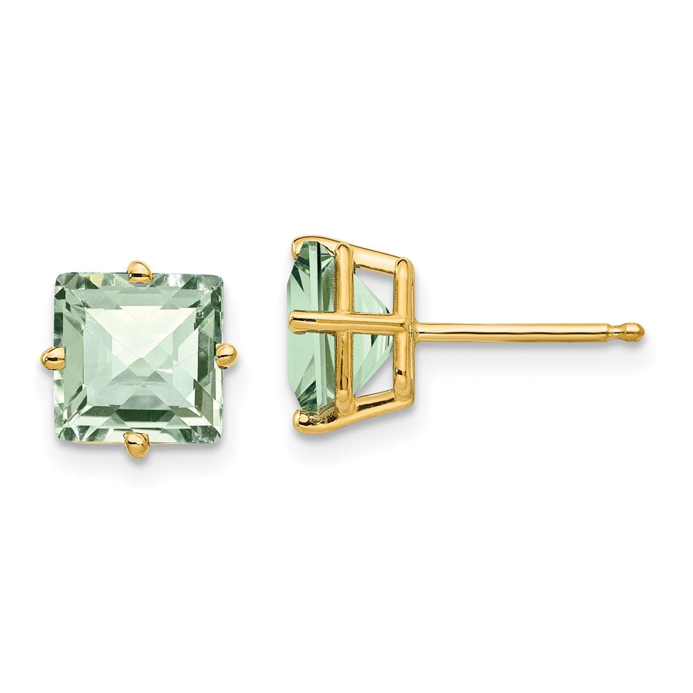 14k Yellow Gold 7mm Square Checker-Cut Green Quartz Earrings