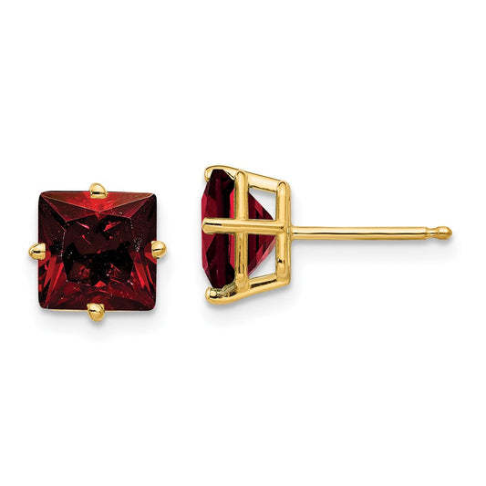 14k Yellow Gold 7mm Princess Cut Garnet Earrings