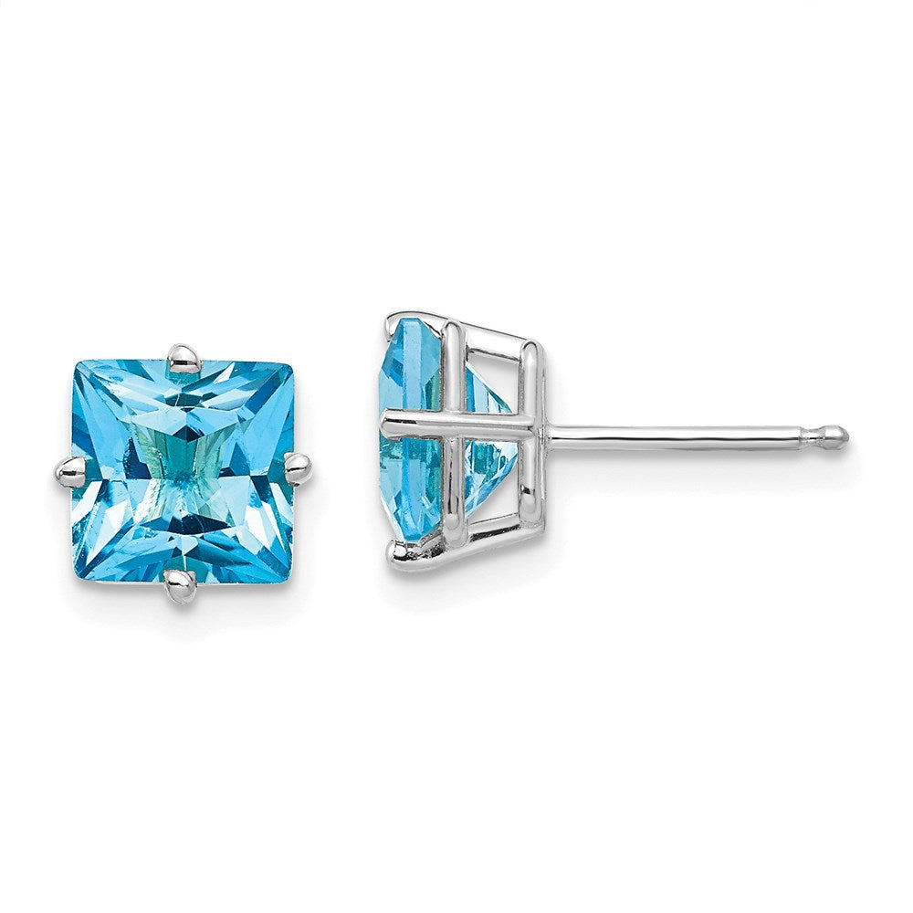 14k White Gold 7mm Princess Cut Blue Topaz Earrings