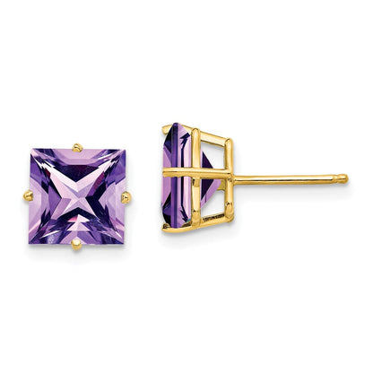 14k Yellow Gold 8mm Princess Cut Amethyst Earrings
