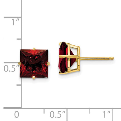 14k Yellow Gold 8mm Princess Cut Garnet Earrings