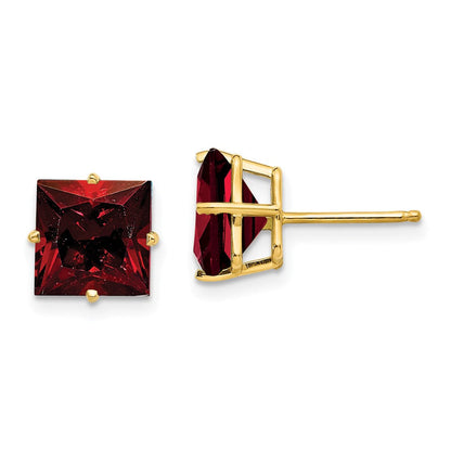 14k Yellow Gold 8mm Princess Cut Garnet Earrings