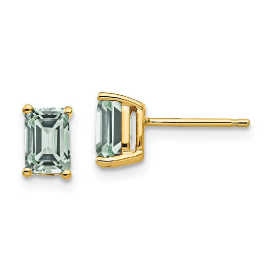 14k Yellow Gold 6x4 Emerald-Cut Green Quartz Earrings