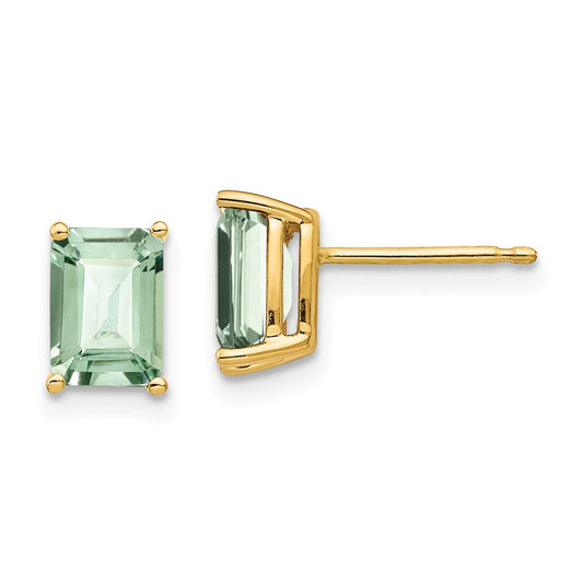 14k Yellow Gold 7x5 Emerald-Cut Green Quartz Earrings