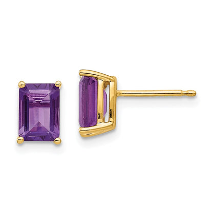 14k Yellow Gold 7x5mm Emerald Cut Amethyst Earrings