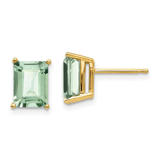 14k Yellow Gold 8x6 Emerald-Cut Green Quartz Earrings