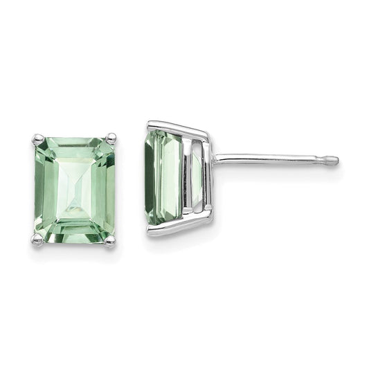 14k White Gold 8x6mm Emerald-Cut Green Quartz Earrings