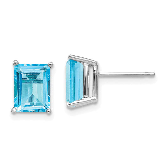14k White Gold 8x6mm Emerald Cut Blue Topaz Earrings