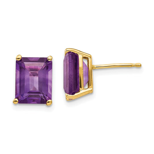 14k Yellow Gold 9x7mm Emerald Cut Amethyst Earrings