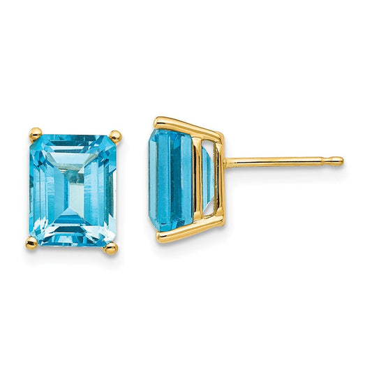 14k Yellow Gold 9x7mm Emerald Cut Blue Topaz Earrings