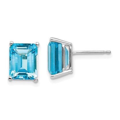 14k White Gold 9x7mm Emerald Cut Blue Topaz Earrings