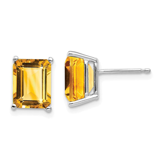 14k White Gold 9x7mm Emerald Cut Citrine Earrings