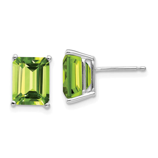 14k White Gold 9x7mm Emerald Cut Peridot Earrings