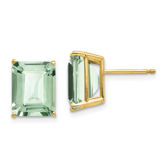 14k Yellow Gold 10x8 Emerald-Cut Green Quartz Earrings