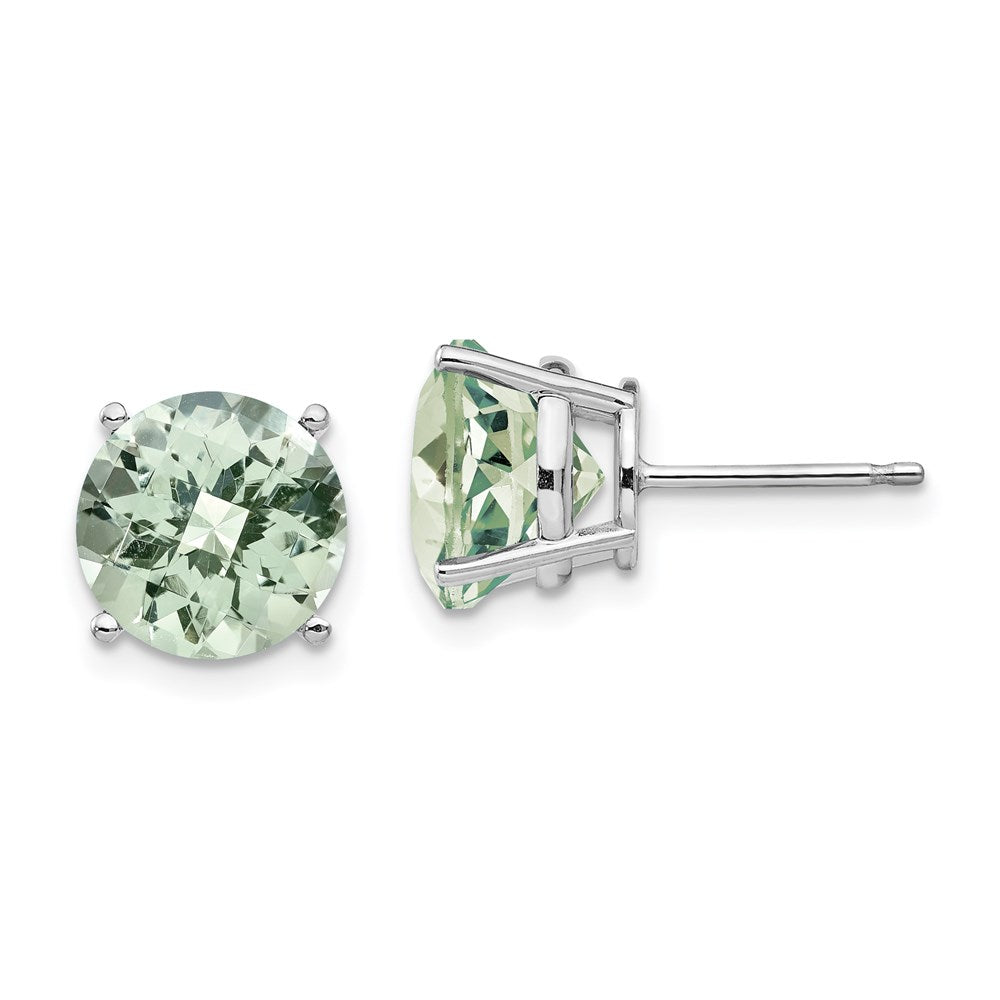 14k White Gold 10mm Round Checker-Cut Green Quartz Earrings