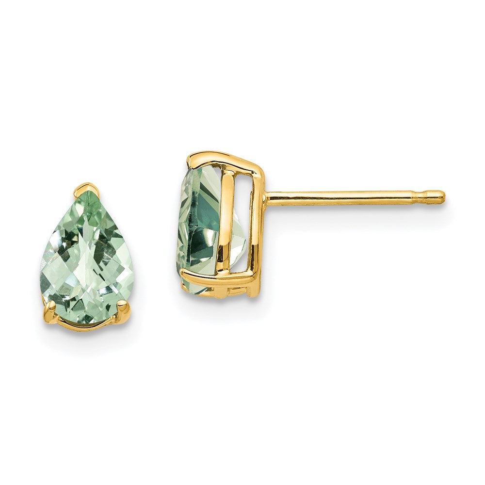 14k Yellow Gold 7x5 Pear Checker-Cut Green Quartz Earrings