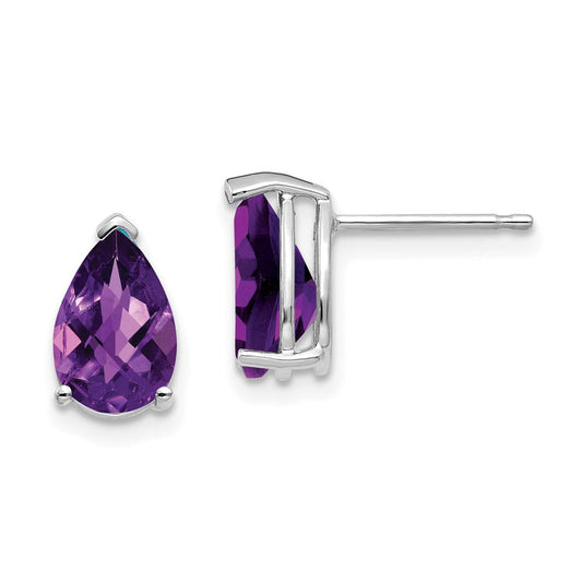 14k White Gold 9x6mm Pear Amethyst Checker Earrings