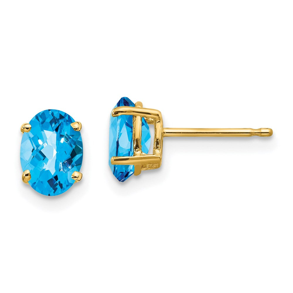 14k Yellow Gold 7x5mm Oval Blue Topaz Checker Earrings