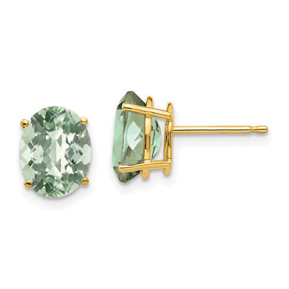 14k Yellow Gold 9x7 Oval Checker-Cut Green Quartz Earrings