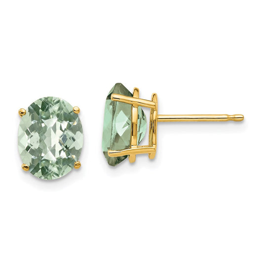 14k Yellow Gold 9x7 Oval Checker-Cut Green Quartz Earrings