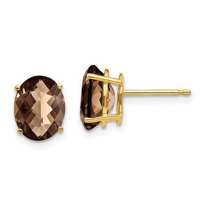 14k Yellow Gold 9x7 Oval Checker-Cut Smok Yellow Gold Quartz Earrings
