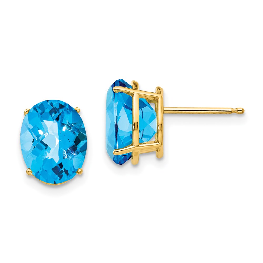 14k Yellow Gold 10x8mm Oval Blue Topaz Checker Earrings