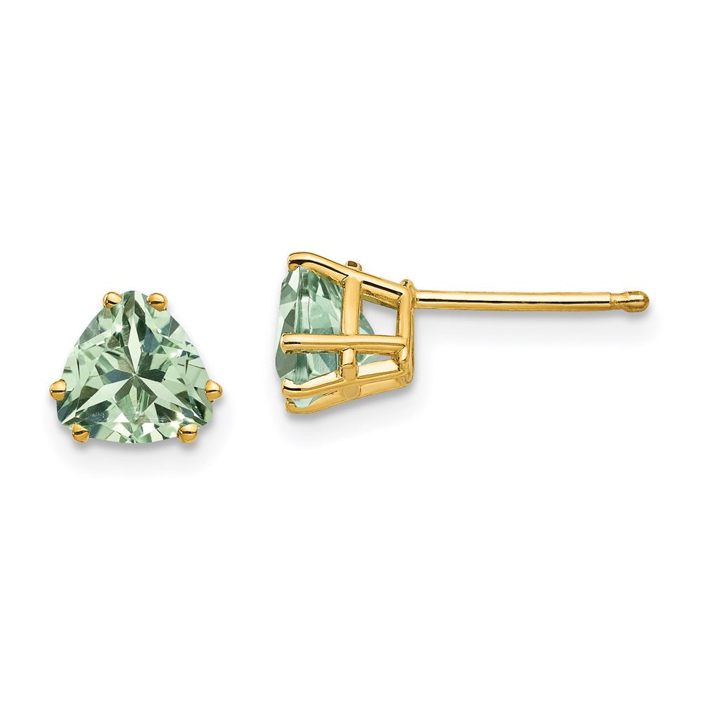 14k Yellow Gold 6mm Trillion Green Quartz Earrings