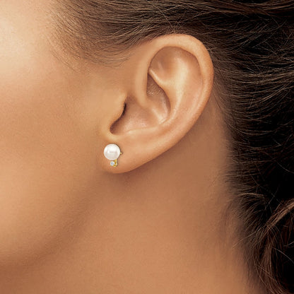 14k 6 7mm White Round Saltwater Akoya Cultured Pearl Diamond Post Earrings