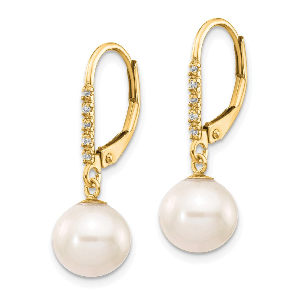 14k 8 9mm White Round FWC Pearl .05ct Diamond Leverback Earrings