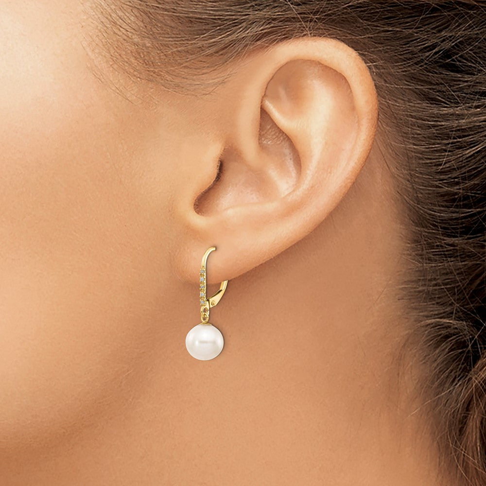14k 8 9mm White Round FWC Pearl .05ct Diamond Leverback Earrings