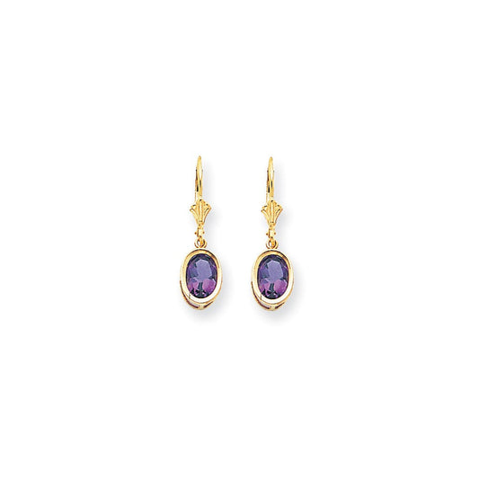 14k Yellow Gold 8x6mm Oval Amethyst Checker leverback Earrings