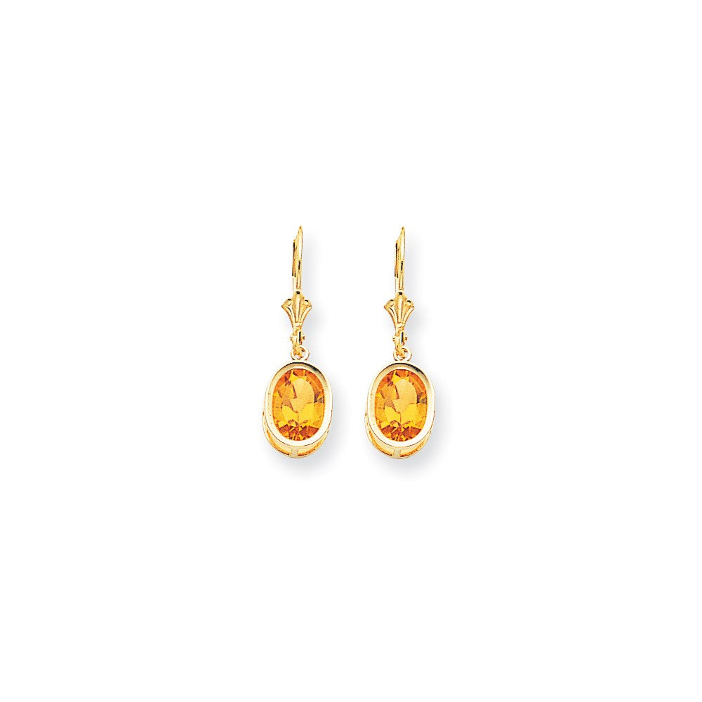 14k Yellow Gold 9x7mm Oval Citrine Checker leverback Earrings