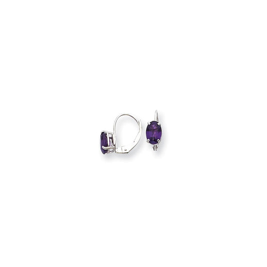 14k White Gold 7x5mm Oval Amethyst Checker leverback Earrings