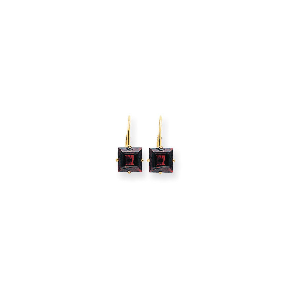 14k Yellow Gold 7mm Princess Cut Garnet Leverback Earrings