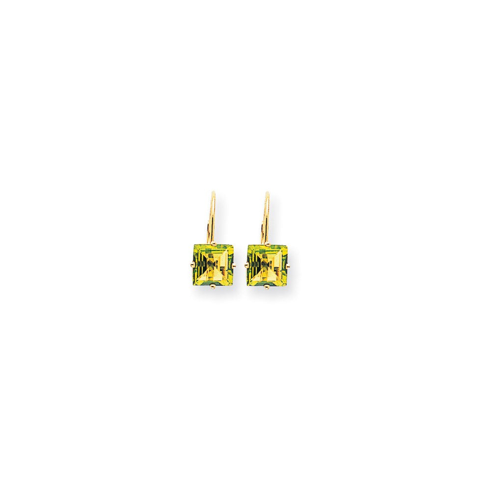 14k Yellow Gold 7mm Princess Cut Peridot Leverback Earrings