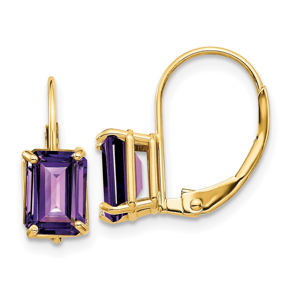 14k Yellow Gold 7x5mm Emerald Cut Amethyst Leverback Earrings