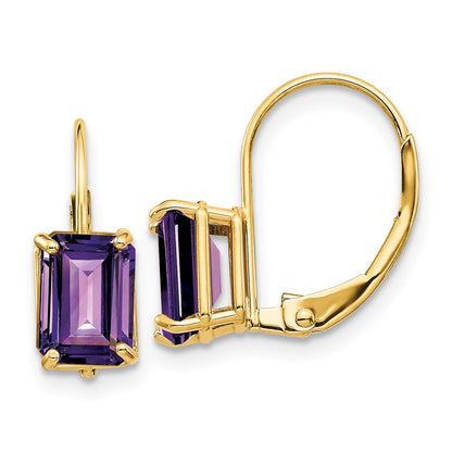 14k Yellow Gold 7x5mm Emerald Cut Amethyst Leverback Earrings