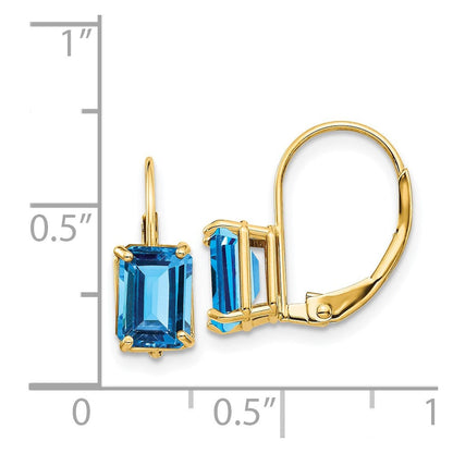 14k Yellow Gold 7x5mm Emerald Cut Blue Topaz Leverback Earrings