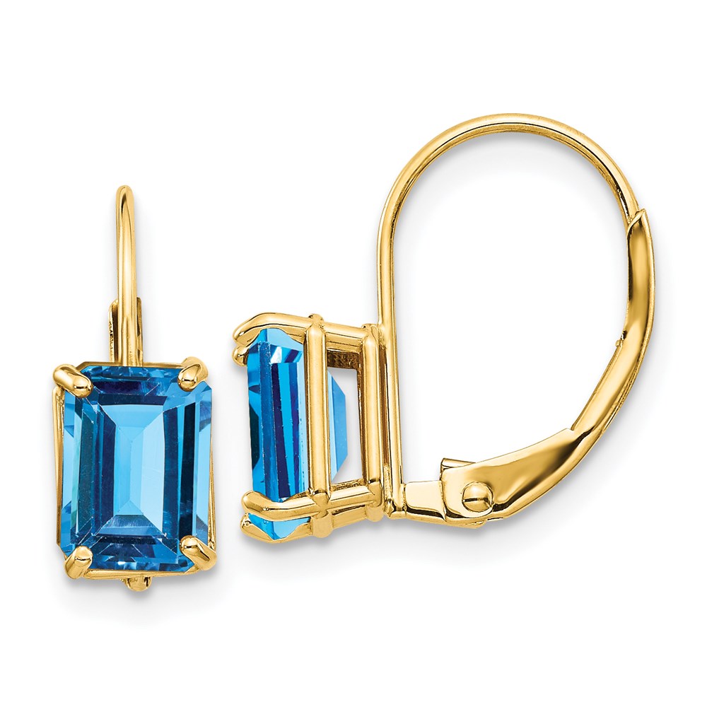 14k Yellow Gold 7x5mm Emerald Cut Blue Topaz Leverback Earrings