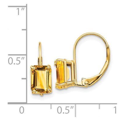 14k Yellow Gold 7x5mm Emerald Cut Citrine Leverback Earrings